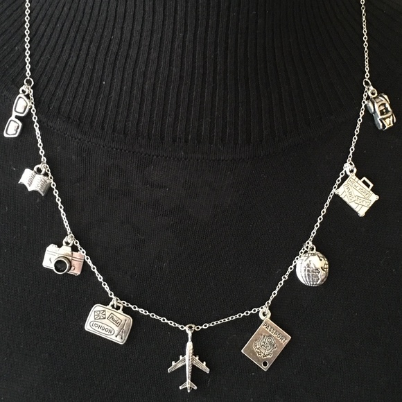 “World Traveler" Handmade Silver Travel Charm Necklace, Suitcase Plane Passport - Picture 6 of 13